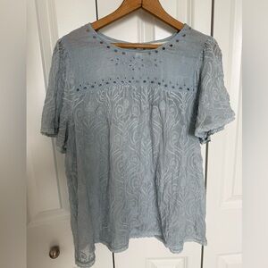 Johnny Was Silk 4 Love and Liberty Blue Eyelet Short Sleeve Blouse Womens Small